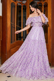 Nydelig en linje av skulderen Lilac Floral Long Prom kjole med Ruffles