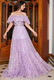 Nydelig en linje av skulderen Lilac Floral Long Prom kjole med Ruffles