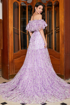 Nydelig en linje av skulderen Lilac Floral Long Prom kjole med Ruffles