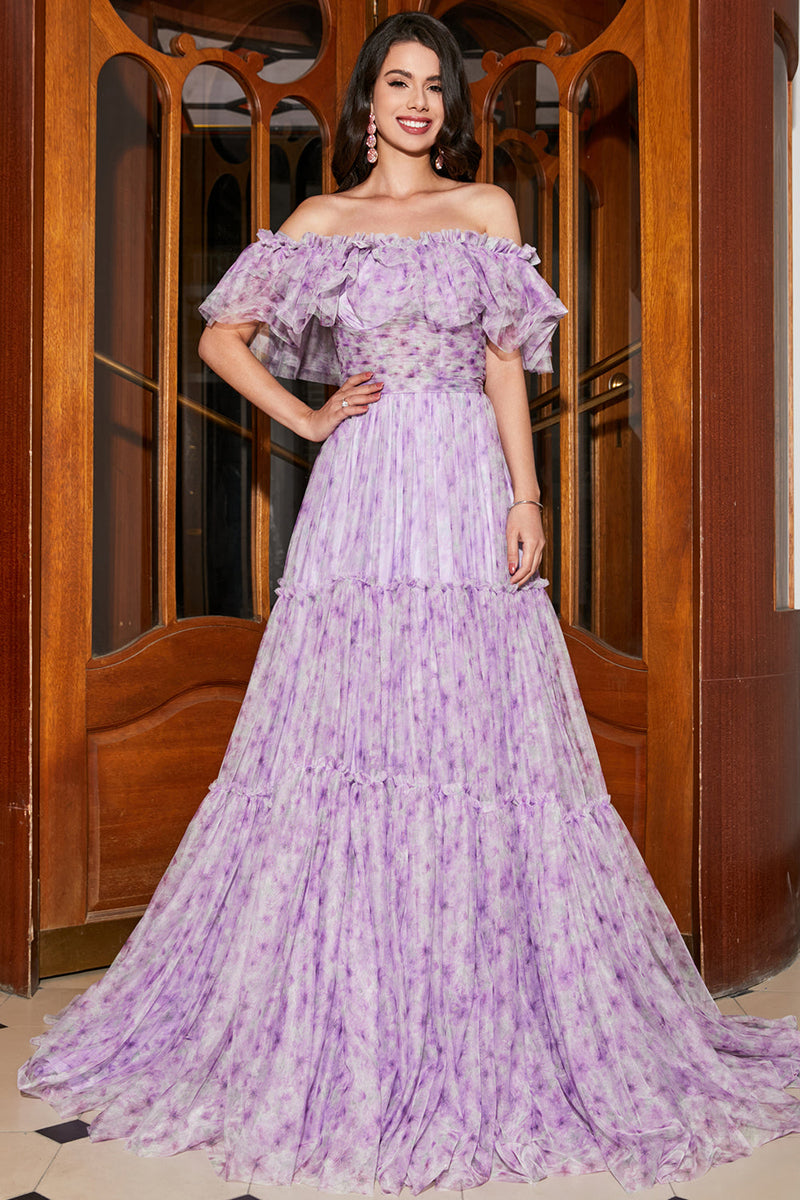 Load image into Gallery viewer, Nydelig en linje av skulderen Lilac Floral Long Prom kjole med Ruffles