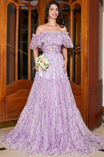 Nydelig en linje av skulderen Lilac Floral Long Prom kjole med Ruffles