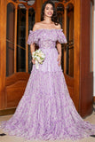 Nydelig en linje av skulderen Lilac Floral Long Prom kjole med Ruffles