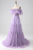 Lilac blomster av skulderen lang ruffled prom kjole