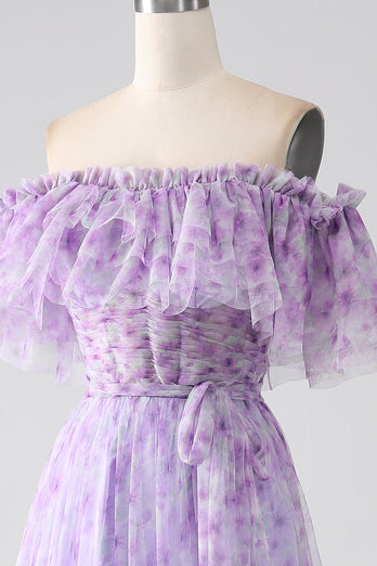 Lilac blomster av skulderen lang ruffled prom kjole