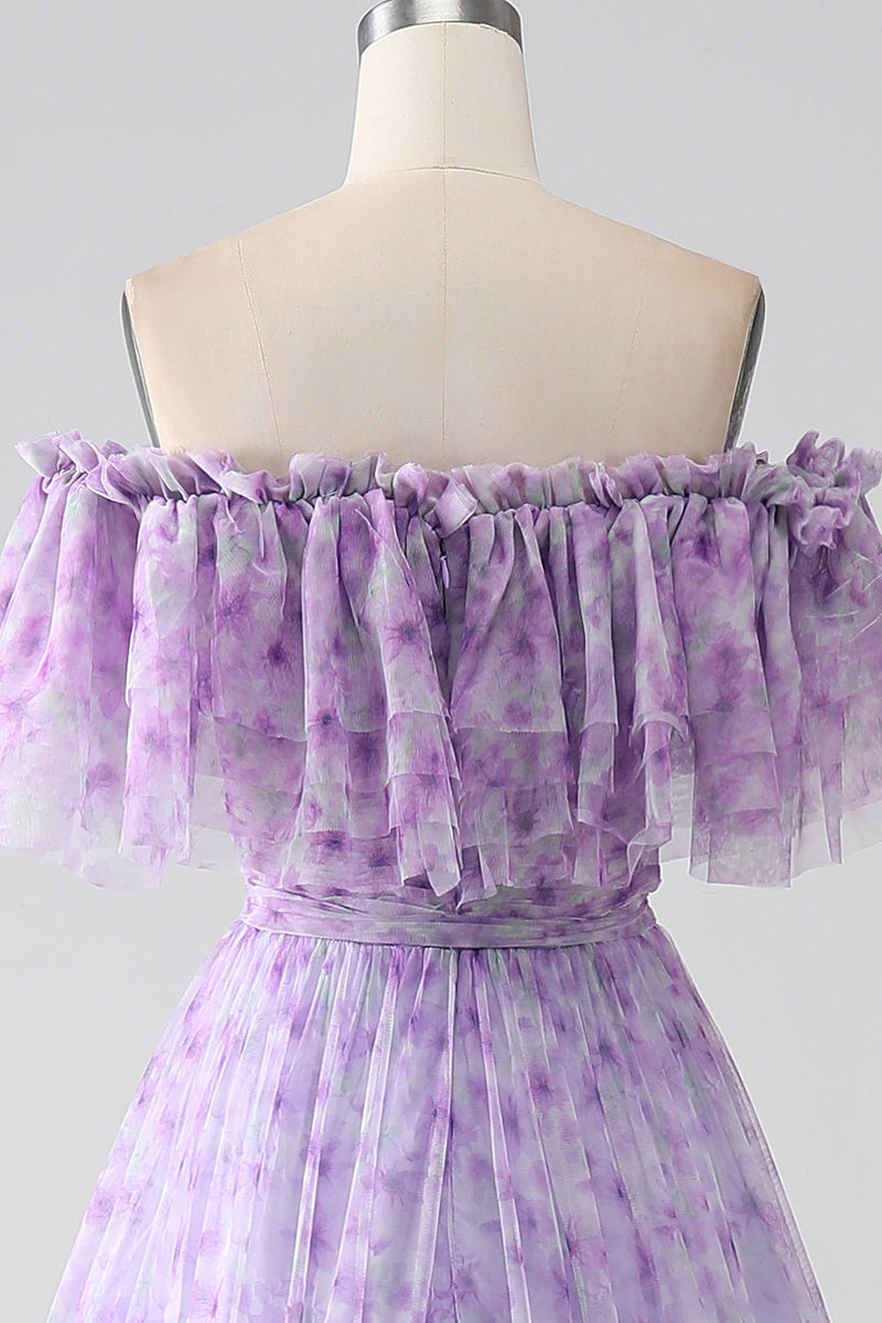 Load image into Gallery viewer, Lilac blomster av skulderen lang ruffled prom kjole
