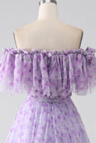 Lilac blomster av skulderen lang ruffled prom kjole