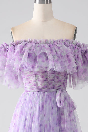 Lilac blomster av skulderen lang ruffled prom kjole