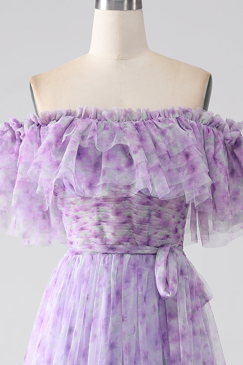 Load image into Gallery viewer, Lilac blomster av skulderen lang ruffled prom kjole