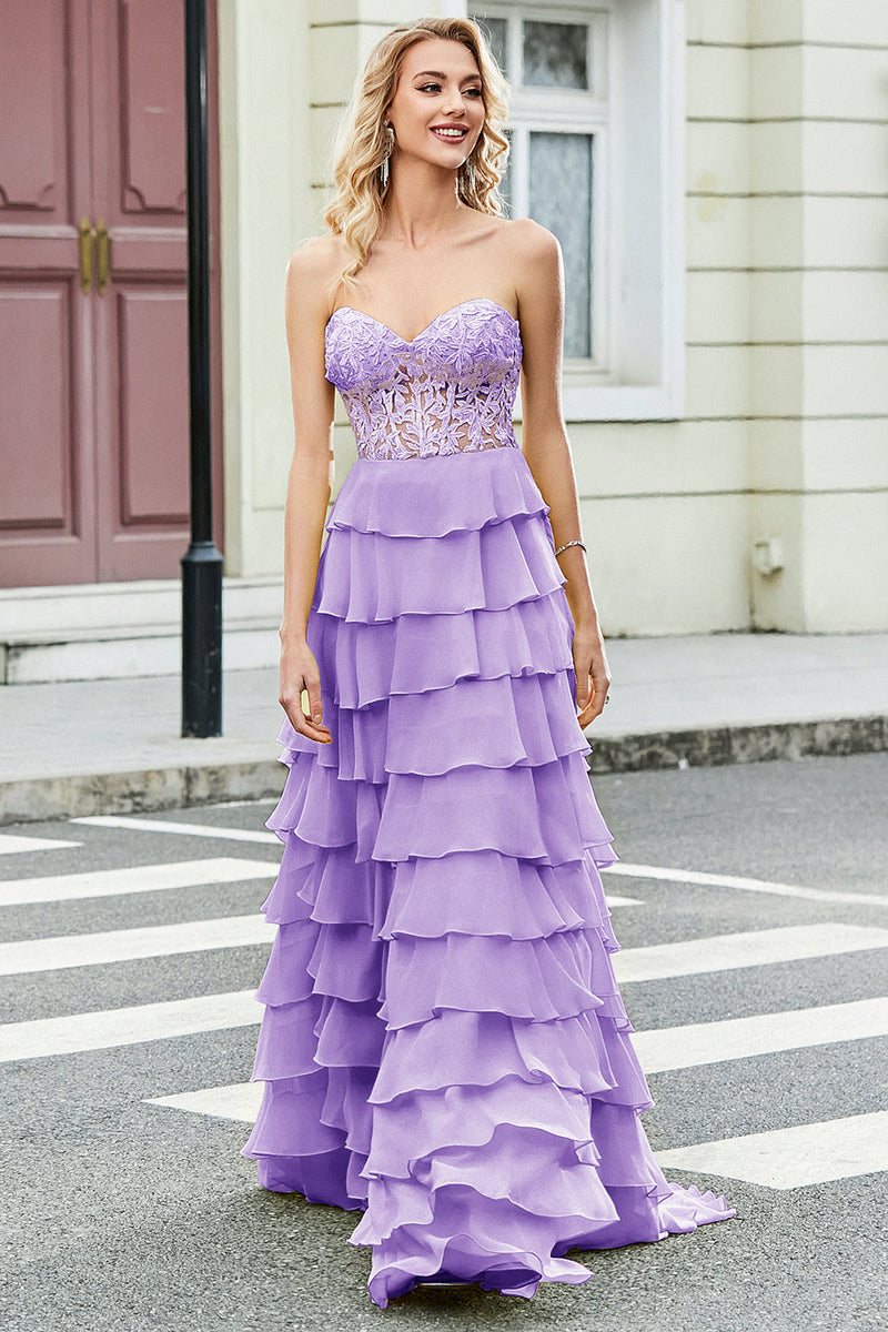 Load image into Gallery viewer, Nydelig A Line Sweetheart Korsett Lilac Prom kjole med Appliques Ruffles