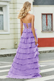 Nydelig A Line Sweetheart Korsett Lilac Prom kjole med Appliques Ruffles