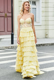 Nydelig A Line Sweetheart Gul korsett Prom kjole med Appliques Ruffles