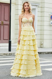 Nydelig A Line Sweetheart Gul korsett Prom kjole med Appliques Ruffles