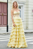 Nydelig A Line Sweetheart Gul korsett Prom kjole med Appliques Ruffles