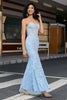 Load image into Gallery viewer, Stilig havfrue kjæreste lyseblå korsett Prom kjole med applikasjoner
