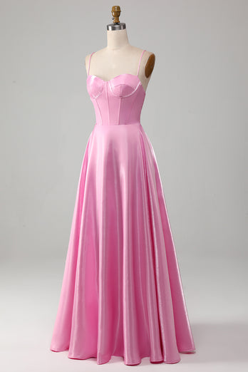 A-Line Spaghetti stropper Pink Prom kjole med korsett