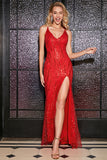 Sparkly Mermaid Spaghetti stropper Red Sequins Long Prom Kjole med Criss Cross Back