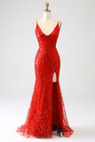 Glitter Red Mermaid Long Sequins Prom Dress med Slit