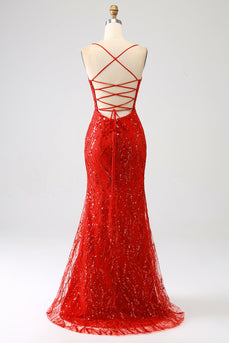 Glitter Red Mermaid Long Sequins Prom Dress med Slit