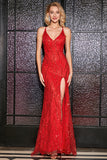 Sparkly Mermaid Spaghetti stropper Red Sequins Long Prom Kjole med Criss Cross Back