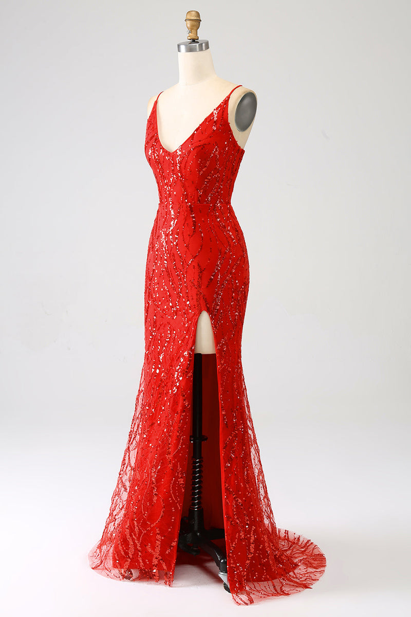 Load image into Gallery viewer, Glitter Red Mermaid Long Sequins Prom Dress med Slit