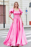 Prinsesse A Line Square Neck Hot Pink Long Prom kjole med Puff ermer