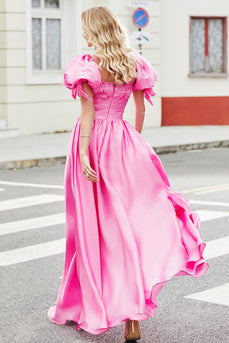 Prinsesse A Line Square Neck Hot Pink Long Prom kjole med Puff ermer