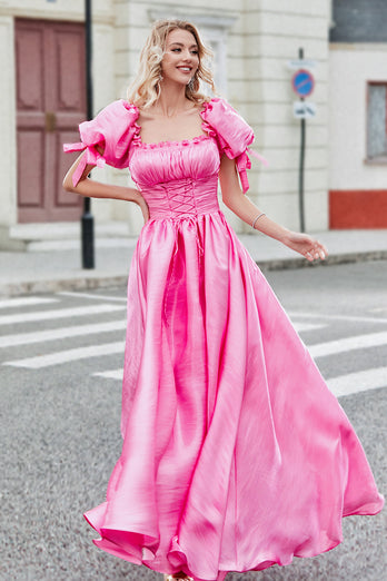 Prinsesse A Line Square Neck Hot Pink Long Prom kjole med Puff ermer