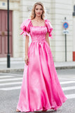 Prinsesse A Line Square Neck Hot Pink Long Prom kjole med Puff ermer