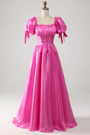 Puff ermer Hot Pink Prom kjole med Ruffles