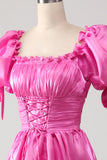 Puff ermer Hot Pink Prom kjole med Ruffles