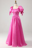 Puff ermer Hot Pink Prom kjole med Ruffles