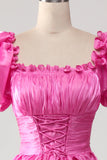 Puff ermer Hot Pink Prom kjole med Ruffles