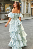 A Line Square Neck Light Blue Tiered Floral Long Prom Dress med Ruffles