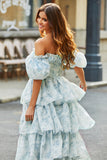 A Line Square Neck Light Blue Tiered Floral Long Prom Dress med Ruffles