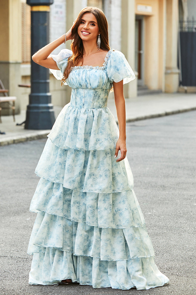 Load image into Gallery viewer, A Line Square Neck Light Blue Tiered Floral Long Prom Dress med Ruffles