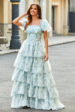 A Line Square Neck Light Blue Tiered Floral Long Prom Dress med Ruffles