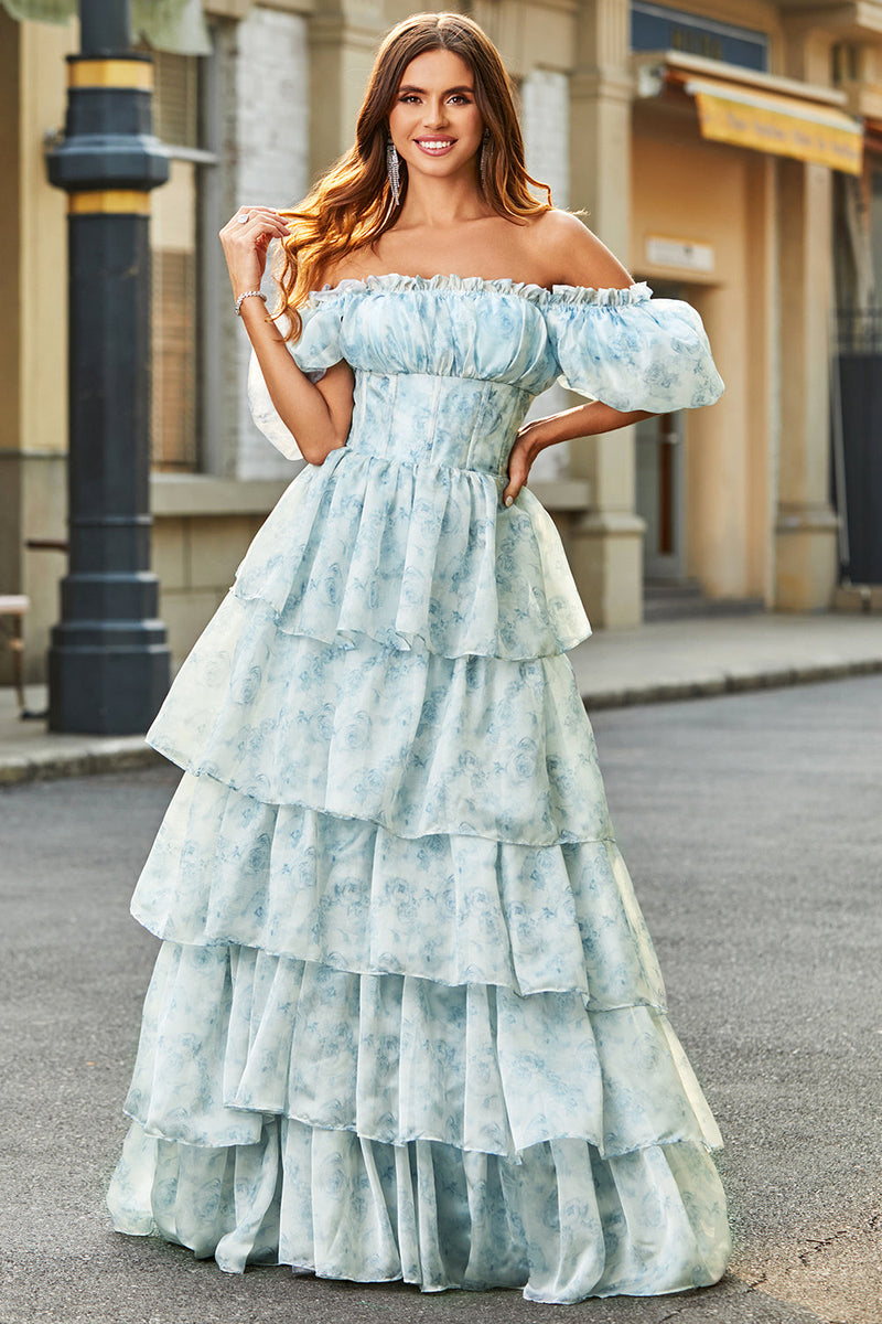 Load image into Gallery viewer, A Line Square Neck Light Blue Tiered Floral Long Prom Dress med Ruffles