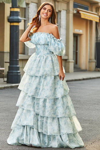A Line Square Neck Light Blue Tiered Floral Long Prom Dress med Ruffles