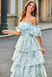 A Line Square Neck Light Blue Tiered Floral Long Prom Dress med Ruffles