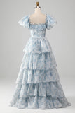 Blush A Line Square Neck Tiered Prom Dress med Ruffles