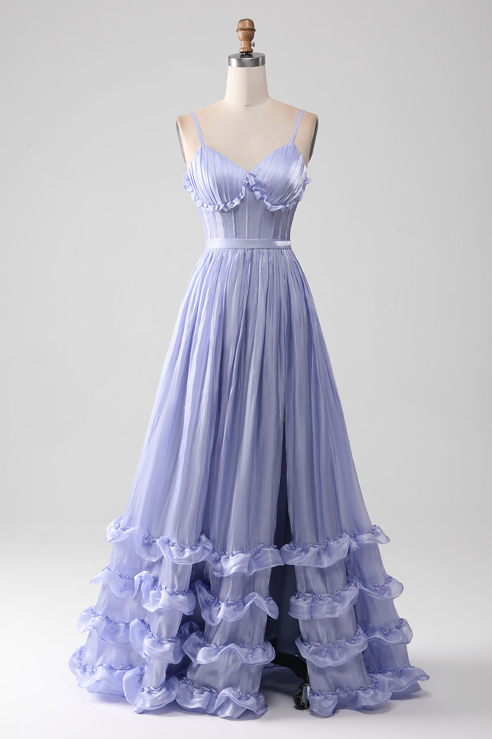 Lavendel Spaghetti stropper A Line Ruffles Prom Dress med Slit