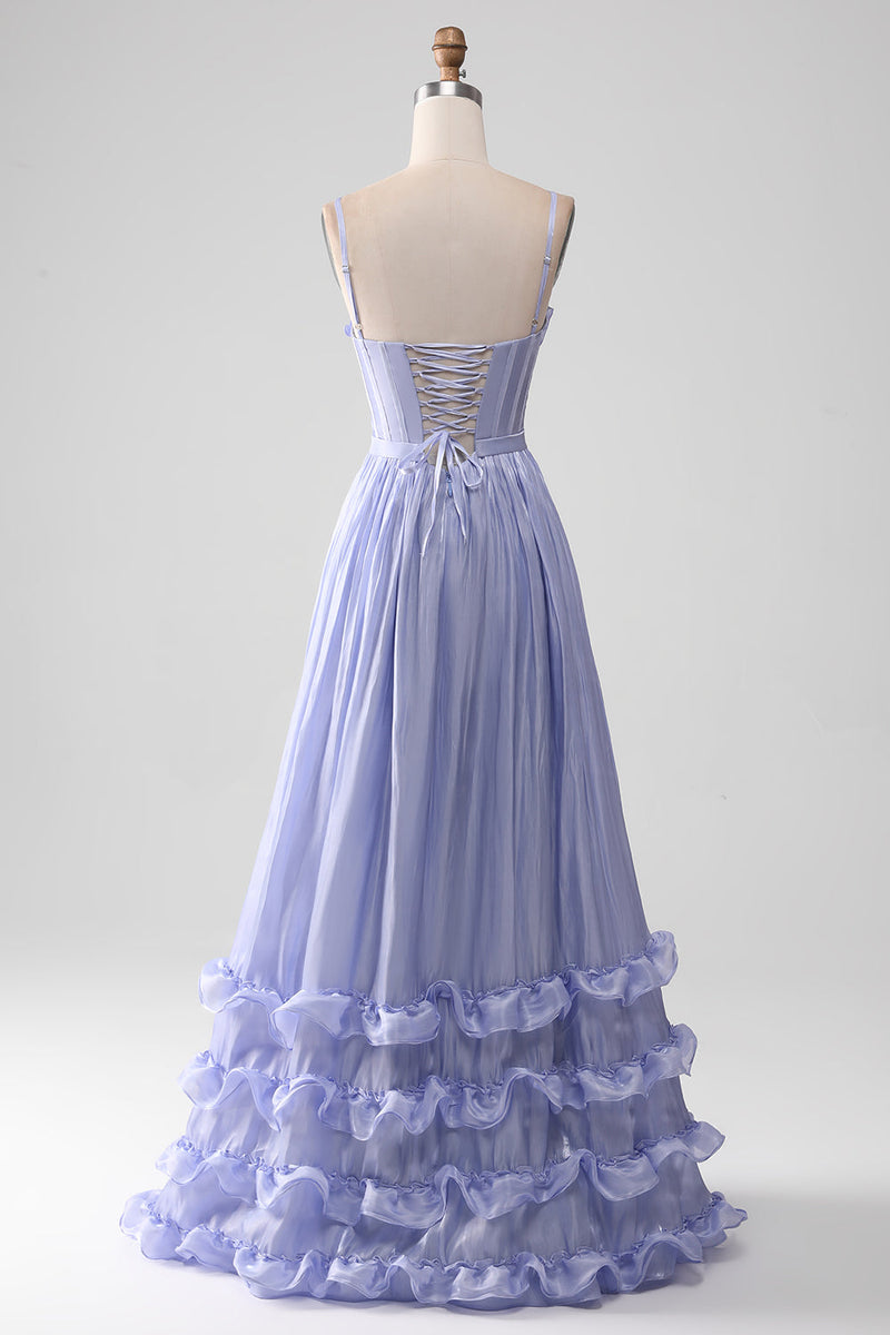 Load image into Gallery viewer, Lavendel Spaghetti stropper A Line Ruffles Prom Dress med Slit