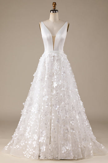 Ivory A-Line V-Neck brudekjole med 3D Blomster