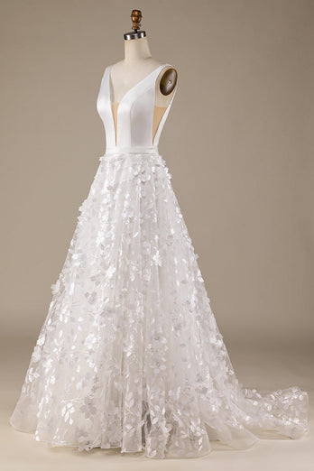 Ivory A-Line V-Neck brudekjole med 3D Blomster