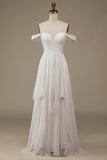 Ivory Boho Chiffon Asymmetrisk brudekjole med blonder