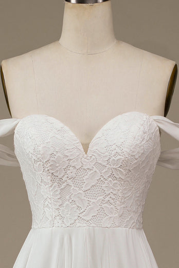 Ivory Boho Chiffon Asymmetrisk brudekjole med blonder