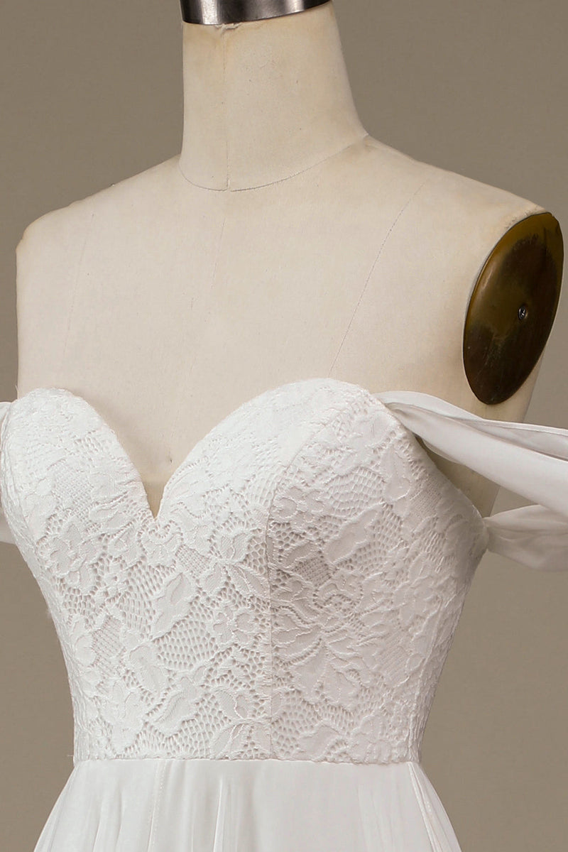 Load image into Gallery viewer, Ivory Boho Chiffon Asymmetrisk brudekjole med blonder