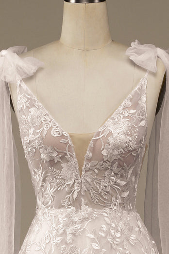 Ivory V-Neck Lace A-Line brudekjole med Bowknot