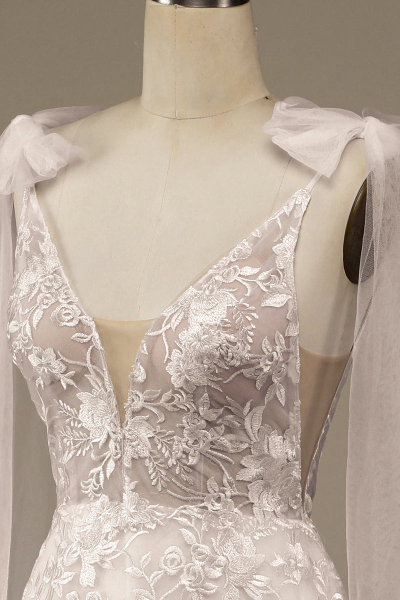 Load image into Gallery viewer, Ivory V-Neck Lace A-Line brudekjole med Bowknot