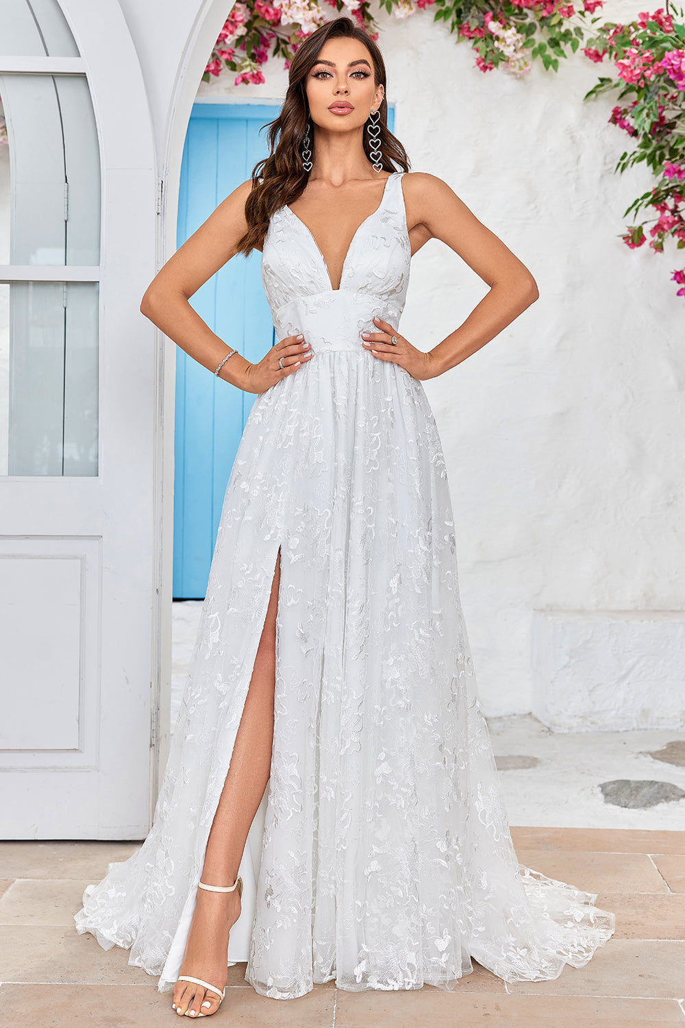 Beauty A Line V-Neck Ivory Lace Long Wedding Dress med Slit